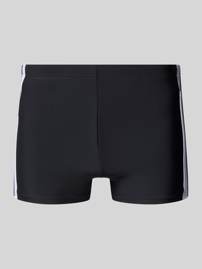 Produktfoto, Slim Fit Badehose mit elastischem Bund von Schiesser, schwarze Herren Badehose mit weißem Zierbesatz, elastischer Material-Mix