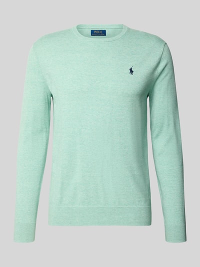Produktfoto, Slim Fit Pullover aus reiner Baumwolle von Polo Ralph Lauren, jasnozielony, gładki, okrągły dekolt, dzianinowa struktura.