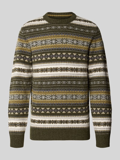 Produktfoto, Slim Fit Strickpullover aus Baumwoll-Mix mit Rundhalsausschnitt von MCNEAL in Grün, Beige und Weiß, gemusterte Oberfläche, gerippte Blende und Abschlüsse, langärmliges Design, Rückenlänge 71 cm, Ärmellänge 65 cm
