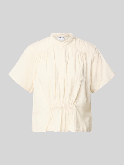 Produktfoto, Boxy Fit Kurzarmbluse aus reiner Baumwolle von Jake*s Casual in heller Farbe mit Stehkragen, Knopfleiste und strukturierter Textur