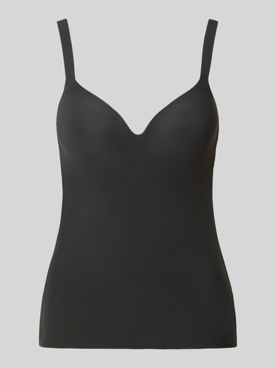 Produktfoto, schwarzes Slim Fit Top mit integrierten Cups Modell 'Zero Feel 2.0' von Sloggi, glatte Textur, elastischer Material-Mix, verstellbare Träger