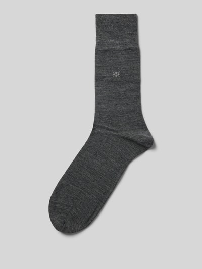 Productfoto, donkere antracietgrijze sok met fijn gestikte textuur, subtiel logo, elastische band, Heren sokken van Burlington, mix van scheerwol en katoen, logostitching, Model 'Leeds'