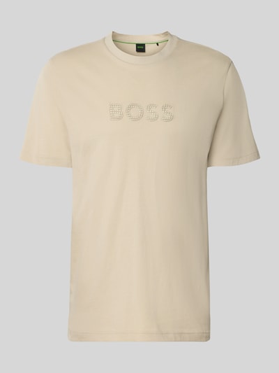 Produktfoto, Regular Fit T-Shirt aus reiner Baumwolle Modell 'TS_TERRACE' von BOSS Green in Beige, unifarben, 3D-Label Print, kurzarm, Rundhals, glatte Jersey-Textur