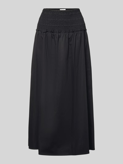 Produktfoto, Midirock mit Smok-Detail von Comma, schwarzer Damen Midirock in A-Linie aus elastischem Baumwoll-Mix mit Elastikbund, glatte Textur