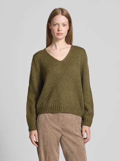 Oui Strickpullover mit V-Ausschnitt Oliv 4