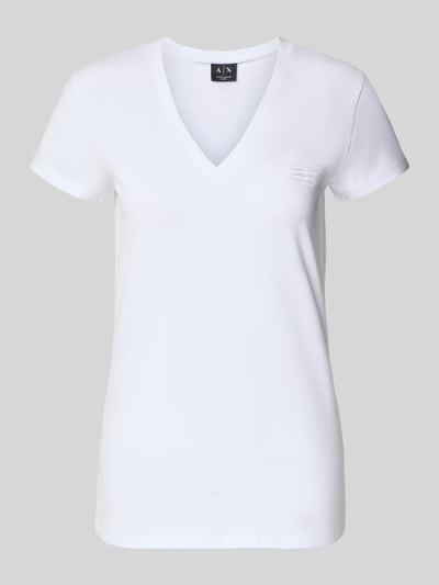 Produktfoto, weißes T-Shirt mit V-Ausschnitt und Label-Stitching von Armani Exchange aus Baumwoll-Elasthan-Mix, Regular-Fit, Damen