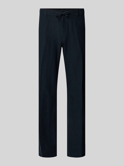 Produktfoto, Straight Leg Leinenhose mit Tunnelzug Modell 'LEROY' von SELECTED HOMME, Optik: Unifarben, Passform: Straight, Label-Applikation, Gürtelschlaufen, Knopf und verdeckter Reißverschluss, Eingrifftaschen, Gesäßtaschen mit Knopf, Materialverarbeitung: Flammgarn, Leinen-Baumwolle-Mix, dunkle glatte Oberfläche