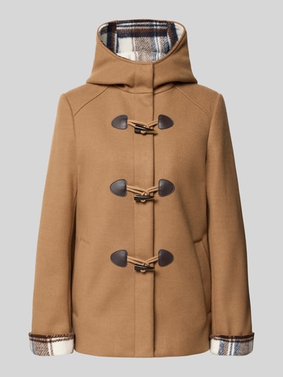 Produktfoto, Jacke mit Kapuze und Eingrifftaschen von Christian Berg Woman Selection, mieszanka materiałów z dodatkiem wełny, krój regular fit, kaptur, zapięcie na guzik, wpuszczane kieszenie, długość tyłu w rozmiarze 36: 68 cm, szerokość ramion w rozmiarze 36: 40 cm, szerokość w rozmiarze 36: 48 cm, długość rękawów w rozmiarze 36: 65 cm, kolor brązowy z kontrastową kratą wewnątrz kaptura i przy mankietach, miękka faktura