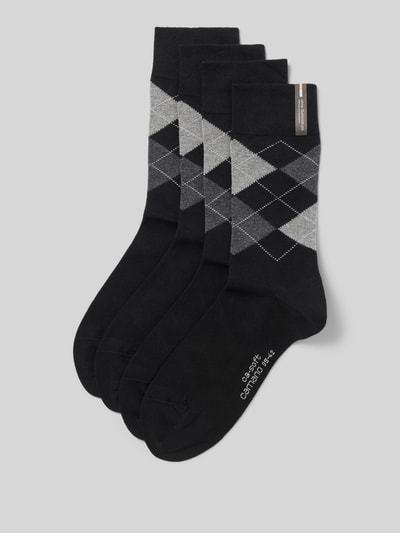 Produktfoto, Socken aus Baumwoll-Mix mit Logo-Stitching im 4er-Pack von camano, Rautenmuster, elastischer Bund, schwarze und graue Farbtöne.