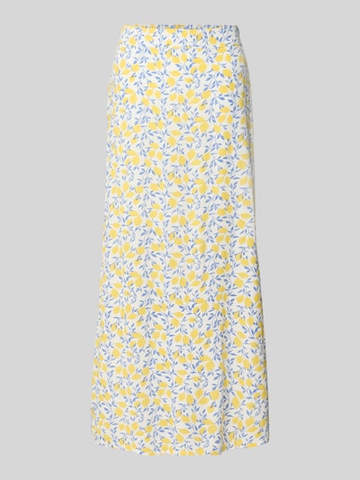 Produktfoto, Maxi-Rock aus reiner Viskose Modell 'BARRI' von Pieces, Damen Rock mit Optik:Allover-Muster, schmaler Passform, Maxi-Länge, elastischem Bundabschluss, Material: Reine Viskose, gelbe und blaue florale Muster auf weißem Grund, glatte Textur
