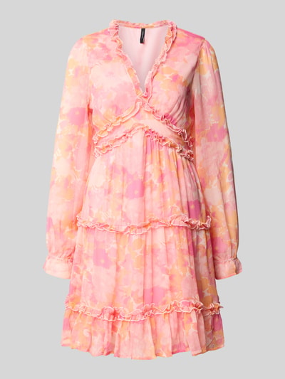 Produktfoto, Regular Fit Sommerkleid aus Chiffon Modell 'SMILLA' von Vero Moda, różowy wzór allover, długie rękawy balonowe, mini, falbanki, dekolt V