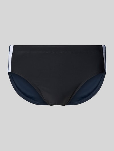 Produktfoto, Badehose mit elastischem Bund von Schiesser für Herren im Material-Mix mit Stretch-Anteil, körpernahe Passform, seitliche Kontraststreifen, Schwarz mit weißen Streifen, glatte Textur.