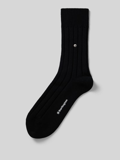 Produktfoto, ciemnogranatowe Wollsocken aus Schurwoll-Mix Modell 'Dover' von Burlington, mieszanka żywej wełny, prążkowane ściągacze, detal z logo z efektem metalicznym, napis z logo, efekt prążkowania
