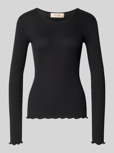 Produktfoto, schwarzes Longsleeve mit Seiden-Anteil Modell 'Elaine' von MOS MOSH, Baumwoll-Seiden-Mix, Muschelsaum, körpernahe Passform