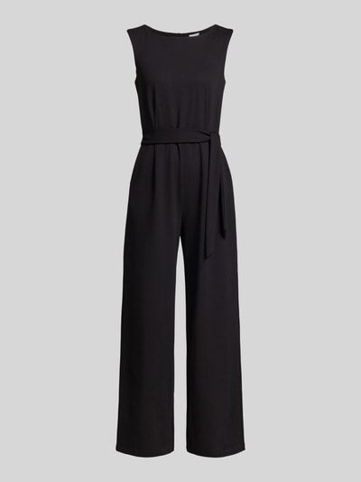Produktfoto, Jumpsuit aus Viskose-Mix mit Bindegürtel von Jake*s Collection in Schwarz, gerade Beinform, Regular Fit, glatte Textur, Rundhalsausschnitt.
