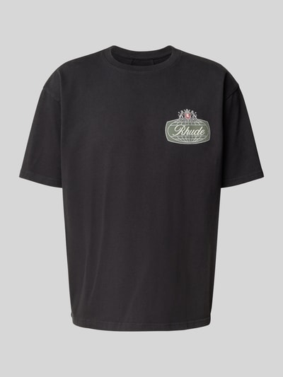 Produktfoto, schwarzes T-Shirt mit Label-Print von RHUDE aus reiner Baumwolle, lockerer Schnitt, Rundhalsausschnitt, glatte Textur