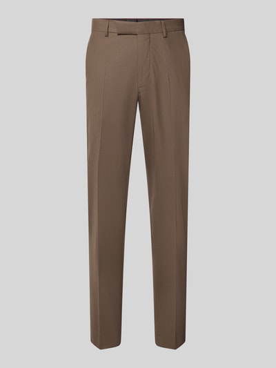 Produktfoto, Straight Fit Hose mit Schurwoll-Anteil Modell 'Totti' von CINQUE in Braun, elastischer Material-Mix, Bügelfalten, Haken- und Reißverschluss.
