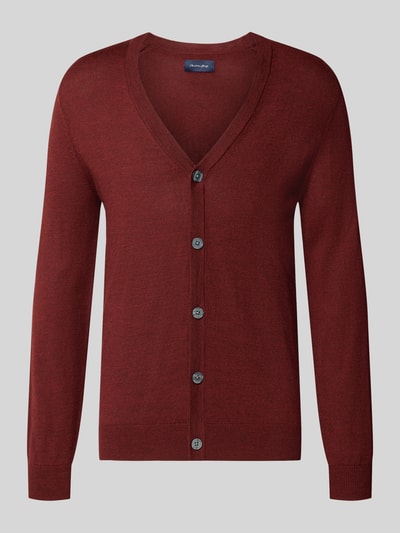 Produktfoto, Cardigan aus Woll-Mix mit V-Ausschnitt von Christian Berg Men in Dunkelrot, körpernaher Schnitt, Knopfleiste, feine Textur