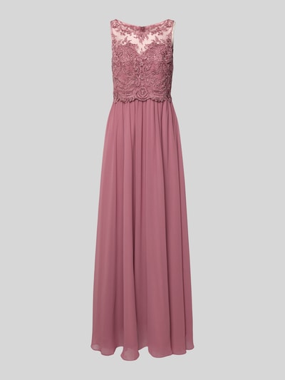 Produktfoto, Abendkleid mit Ziersteinen und floralen Stickereien von LAONA in Rosé, taillierte Passform, Rundhalsausschnitt, doppellagiger Rockteil, Rückenlänge 145 cm, Brustweite 40 cm bei Größe 36