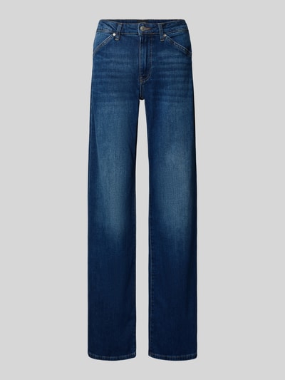 Produktfoto, Flared Fit Jeans mit Eingrifftaschen Modell 'Elvira' von JOOP! aus elastischem Baumwoll-Mix in Dunkelblau, sichtbare Knopf- und Reißverschlussdetails, sichtbare Struktur, Bundweite 38 cm, Innenbeinlänge 85 cm.