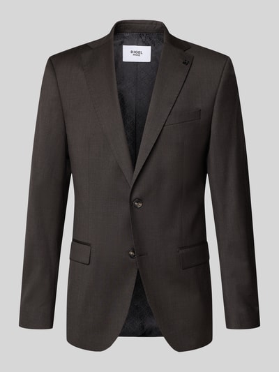 Produktfoto, dunkelbraunes Slim Fit 2-Knopf-Sakko mit Pattentaschen Modell 'Move Alesso' von DIGEL aus Schurwoll-Elasthan-Mix, Reverskragen, Rückenlänge bei Größe 50: 74 cm, Schulterbreite: 46 cm, Ärmellänge: 67 cm.