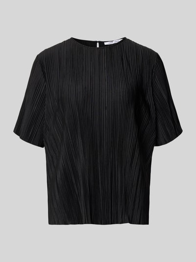 Produktfoto, schwarze Relaxed Fit Kurarzm Bluse mit Rundhalsausschnitt Modell 'Uma' von Samsøe Samsøe, feine Plissee-Struktur, elastischer Material-Mix