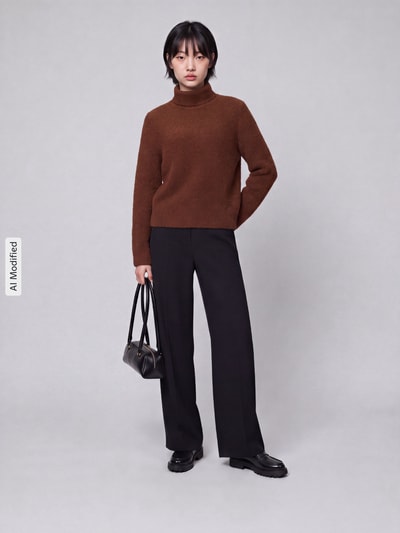 Frauenmodel trägt Relaxed Fit Turtleneck-Pullover aus Schurwoll-Kaschmir-Mix Modell 'Febisana' von BOSS in Braun zu schwarzer Hose, Damen Turtleneck-Pullover von BOSS, Ganzkörperansicht von vorne, KI-modifiziertes Bild.