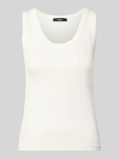 Produktfoto, Slim Fit Tank Top aus Baumwoll-Mix Modell 'MULTIC' von Weekend Max Mara, jednokolorowy, detal z logo, dekolt w łódkę, szerokie ramiączka, drobne prążkowanie, mieszanka bawełny