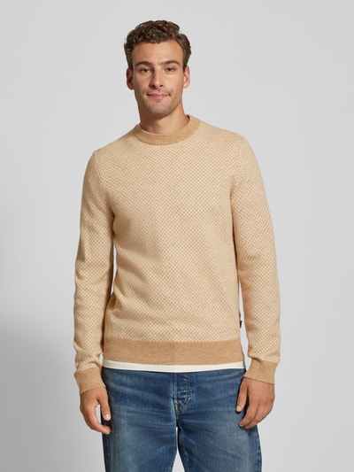 BOSS Strickpullover mit gerippten Abschlüssen Modell 'Eltoro' Beige 4