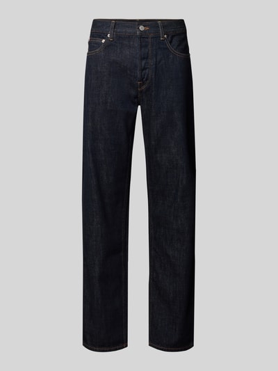 Produktfoto, Straight Fit Jeans aus reiner Baumwolle von Tommy Hilfiger in dunkler Denimfarbe, Mid Waist, 5-Pocket-Design, Label Patch, strukturierte Baumwolltextur