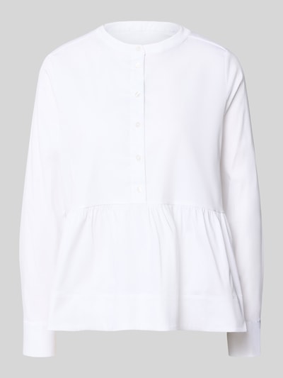 Produktfoto, Regular Fit Bluse mit Knopfleiste von Milano Italy in Weiß, Rundhalsausschnitt, Rüschenbesatz, langärmelig, glatte Textur