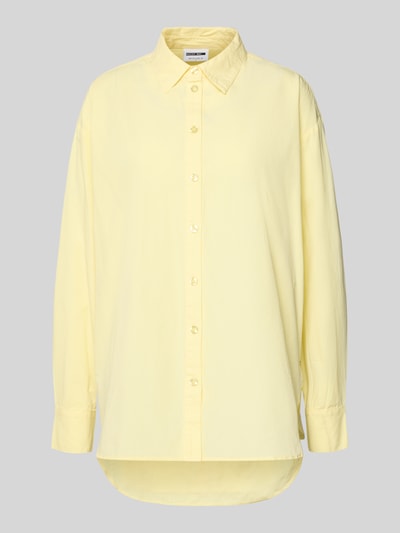 Produktfoto, Regular Fit Bluse aus Baumwolle Modell 'EMMA' von Noisy May in zartem Gelb mit Hemdblusenkragen und Knopfleiste, Rückenlänge 73 cm, Ärmellänge 56 cm, Reine Baumwolle