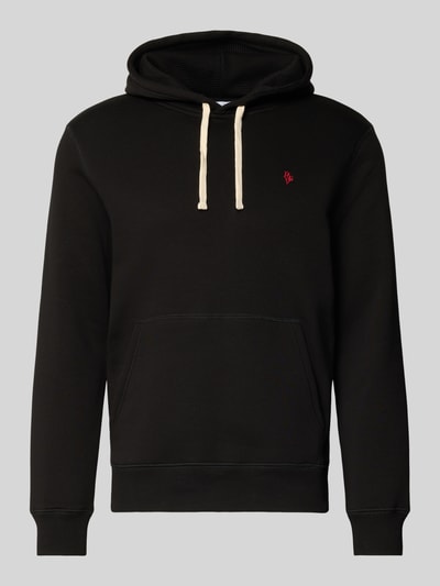 Produktfoto, schwarzer Hoodie mit Känguru-Tasche von REVIEW, Slim Fit, Kapuze mit Tunnelzug, elastische Abschlüsse, Baumwollmischung