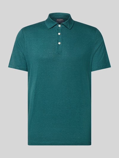 Produktfoto, Regular Fit Poloshirt aus Leinen-Elasthan-Mix von OLYMP Level Five, smaragdgrün, kurze Ärmel, glatte Textur, Knopfleiste.
