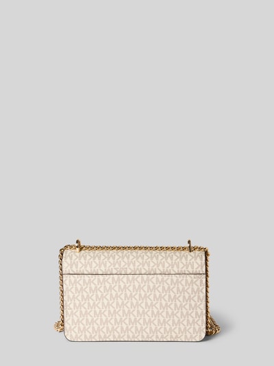Produktfoto, Handtasche mit Logo-Muster Modell 'CLAIRE' von MICHAEL Michael Kors, Überschlag, Magnetverschluss, Label-Applikation, Schulterriemen, Hauptfach, Maße 24 cm Breite, 15 cm Länge, 7 cm Tiefe, 115 cm Schulterriemen, beige-braune Töne, strukturierte Oberfläche.