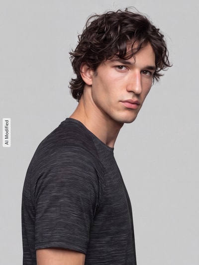 Männermodel trägt dunkelgraues Regular Fit Sport-T-Shirt mit Logo-Print von Under Armour, dezente Streifen, Nahaufnahme Oberkörper, KI-modifiziertes Bild.
