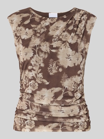 Produktfoto, T-Shirt mit Raffungen und Rundhalsausschnitt von Jake*s Collection, Material-Mix mit Stretch-Anteil, florales Muster in Braun- und Beigetönen, körpernaher Schnitt, Rückenlänge bei Größe 38: 62 cm.