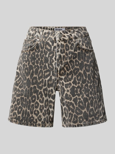 Produktfoto, Straight Fit Shorts in Denim-Optik von REVIEW aus Reine Baumwolle mit Allover-Animal-Print und 5-Pocket-Design, Knopf- und Reißverschluss, Bundweite 39 cm, Innenbeinlänge 18 cm, Damen.