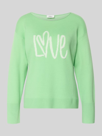 Produktfoto, Regular Fit Strickpullover mit Baumwoll-Anteil Modell 'LOVE' von s.Oliver RED LABEL in Mintgrün, unifarben, Intarsia-Schriftzug, Rundhals, Strickstruktur, langärmlig, Ärmel gerippt, Optik Frottee