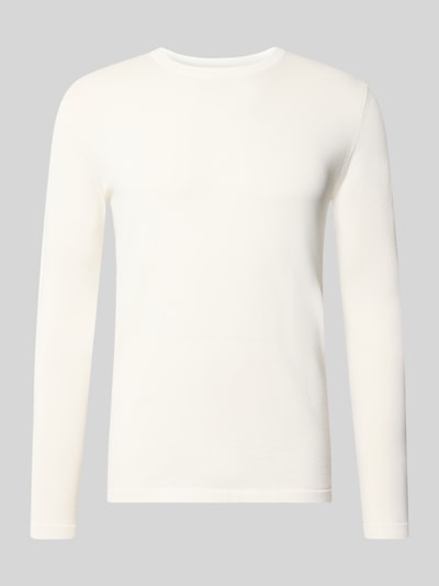 Produktfoto, Slim Fit Pullover in Strick-Optik Modell 'Mino' von Drykorn aus reiner Baumwolle, Rundhalsausschnitt, cremeweiß, glatte Textur.