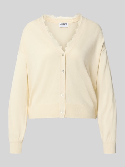 Produktfoto, Boxy Fit Strickjacke mit Leinen-Anteil von Jake*s Casual, Optik: Unifarben, Knopfleiste, Spitzenbesatz, Strick, Materialverarbeitung: Leinen-Anteil