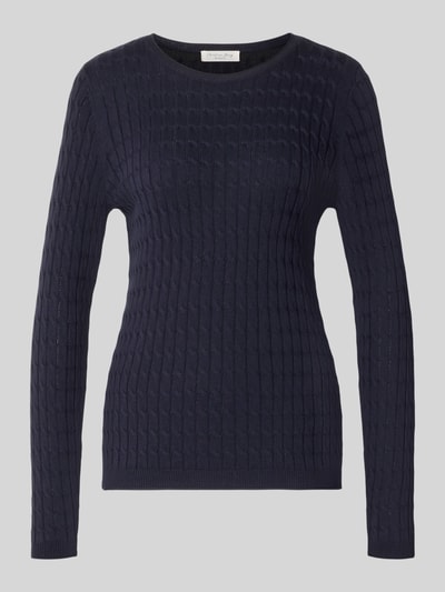 Produktfoto, Slim Fit Strickpullover mit Zopfmuster von Christian Berg Woman in Dunkelblau, Baumwoll-Mix, Rundhalsausschnitt, gerippte Blende