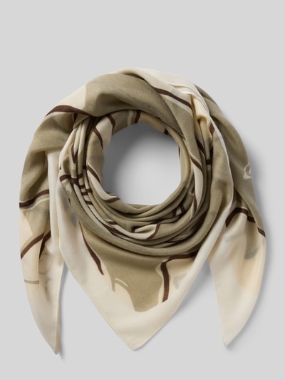 Produktfoto, Schal mit Logo-Print Modell 'Anekki' von Opus, Damen Schal, Rechteckige Passform, Satin, beige und oliv mit glatter Satin-Haptik, Breite 120 cm, Länge 120 cm