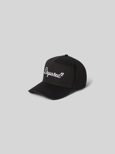 Produktfoto, schwarze Base Cap mit weißem Logo-Stitching von Dsquared2 aus reiner Baumwolle, Statement-Stitching, Strapback-Verschluss, Curved Visor