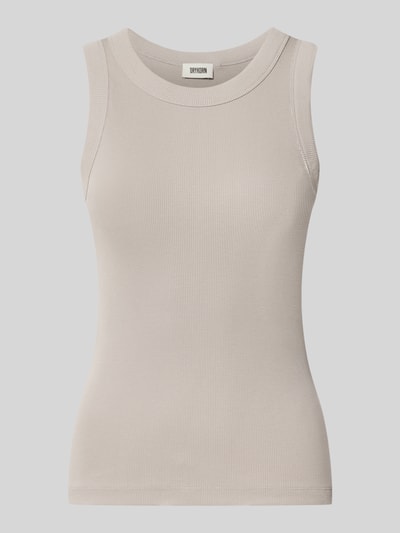 Produktfoto, Skinny Fit Tanktop aus reiner Baumwolle von DRYKORN w kolorze jasnobeżowym z efektem prążkowania, okrągły dekolt, Długość tyłu w rozmiarze S: 54 cm