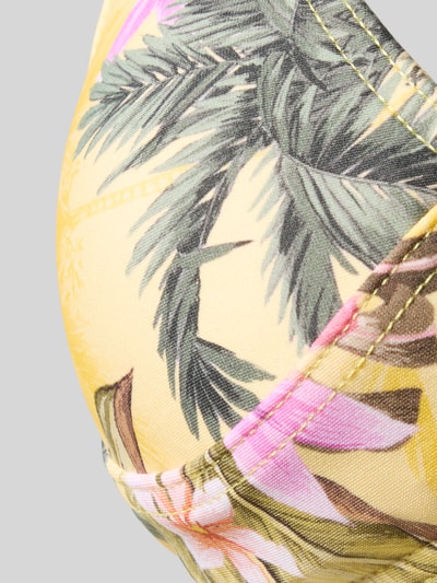 Produktfoto, Bikini-Oberteil im Allover-Look Modell 'Minew Triangle' von Banana Moon, gelb mit Palmenmuster, Material-Mix mit Stretch-Anteil, körpernahe Passform, Neckholder, Schnürung