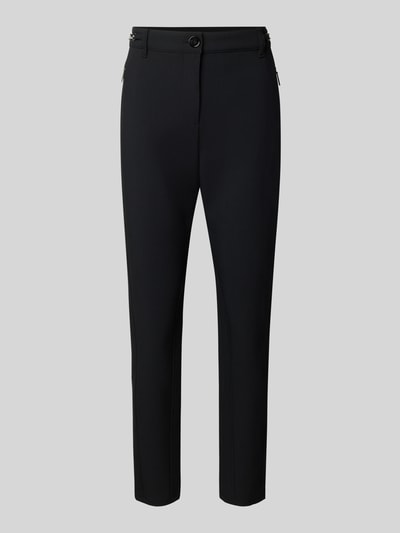 Produktfoto, Slim Fit Hose mit Reißverschlusstaschen von Marc Cain in Schwarz, Material-Mix mit Viskose-Anteil, glatte Textur, elegante schmale Form, Regular Waist, neutrale Hintergrundfarbe, für Damen.