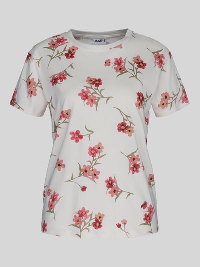 Produktfoto, T-Shirt im Allover-Look mit Rundhalsausschnitt von Jake*s Casual, reine Baumwolle, Regular Fit, florales Muster, weiße Grundfarbe
