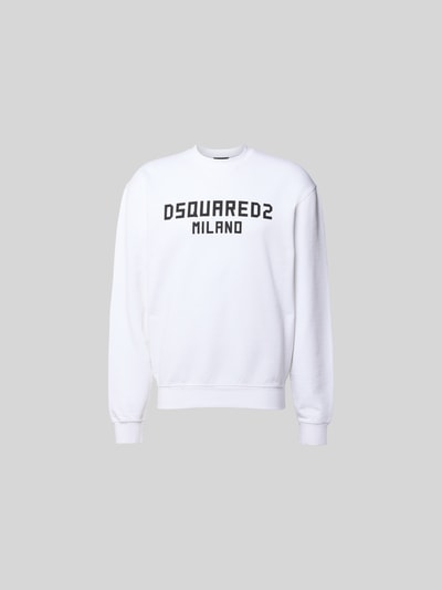 Produktfoto, weißes Cool Fit Sweatshirt aus reiner Baumwolle von Dsquared2 mit Label-Print, Stehkragen, elastische Abschlüsse, gerade Form.
