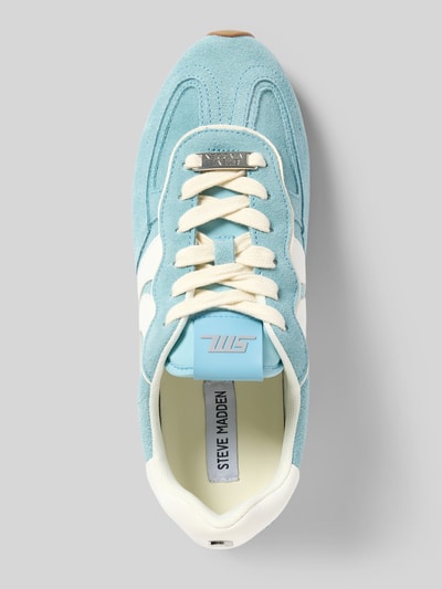 Productfoto, Sneaker uit leer met vetersluiting model 'Abbi-Sm' van Steve Madden, afgeronde neus, labeldetail, rubberzool, blauw-wit, vrouwen sneaker, 1 cm hakhoogte, 7 cm schafthoogte en schachtwijdte